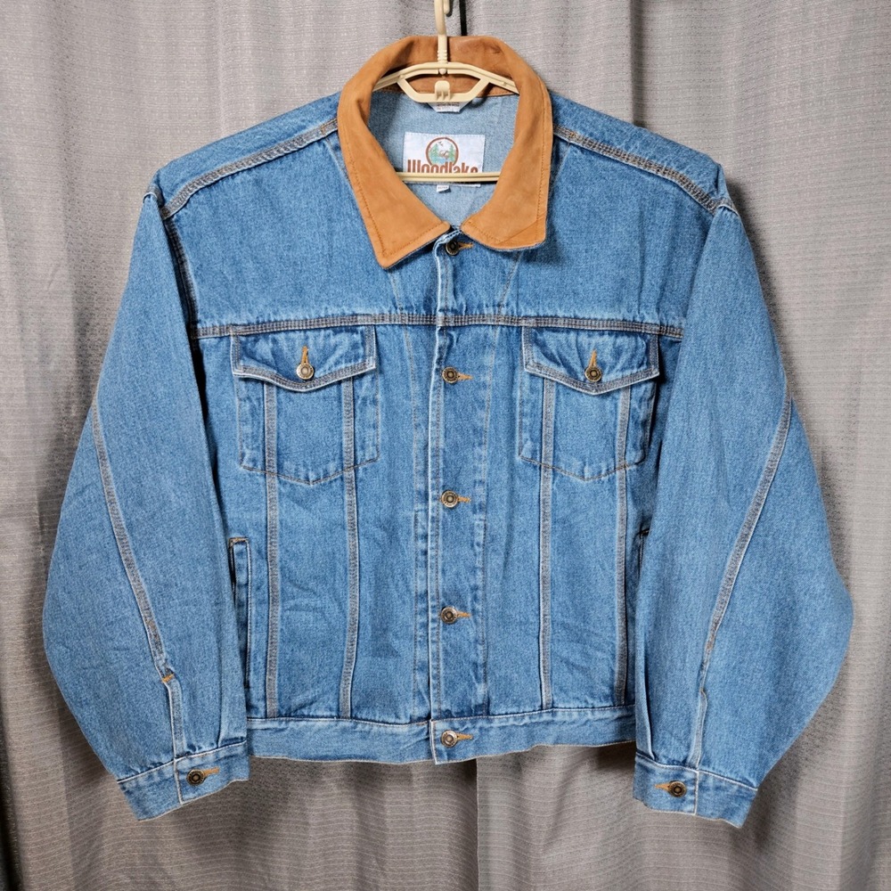 Woodlake Mens XL Blue Denim Trucker Jacket Leather Collar Button Up RN 91777